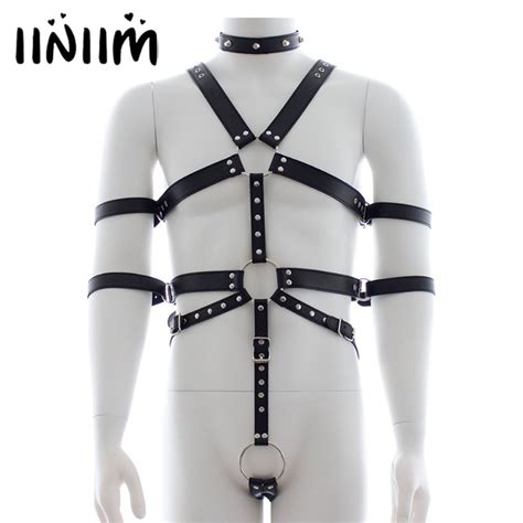 iiniim 8pcs hot sexy mens pu leather full body chest harness restraint set five o rings