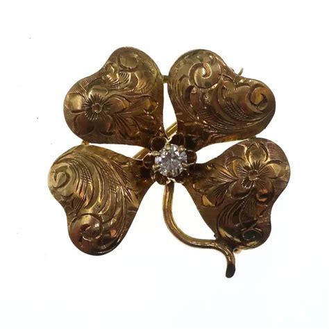 Victorian 4 Leaf Clover 14k Yellow Gold Pin Brooch Watch Holder Natural
