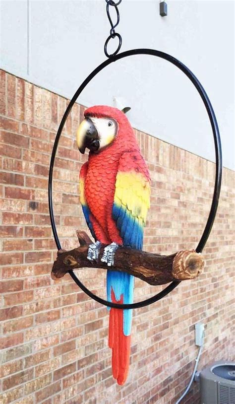 Hand Made Scarlet Macaw Parrot Bird Perching On Branch Hanging Patio