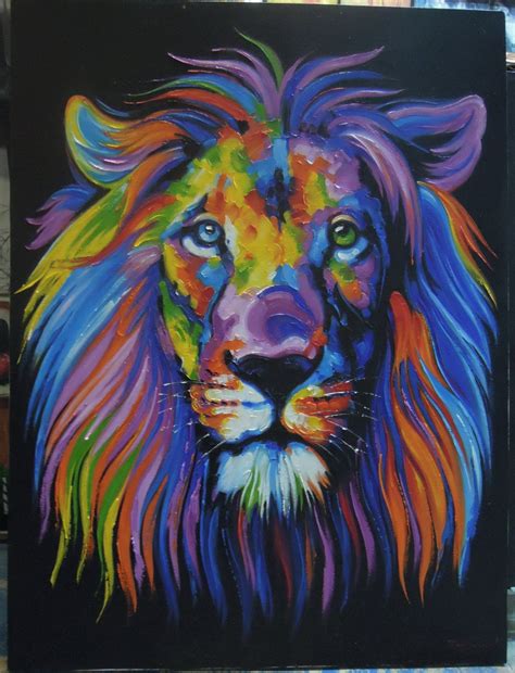 Lion Colorée Peinture Peinture à Lhuile Sur Toile 36 X 48 Etsy Lion