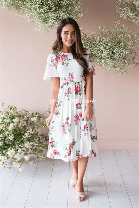 Ivory Pink Floral Midi Modest Church Dress Best And Affordable Modest Boutique Cute Modest