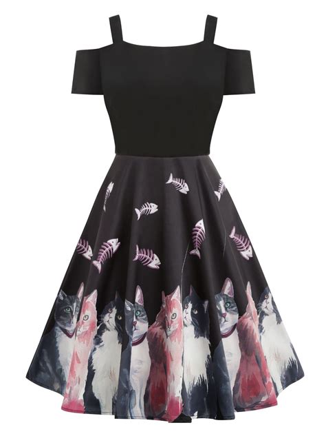 Cold Shoulder Cat Print High Waist Dress Black 3y87633614 Size 2xl