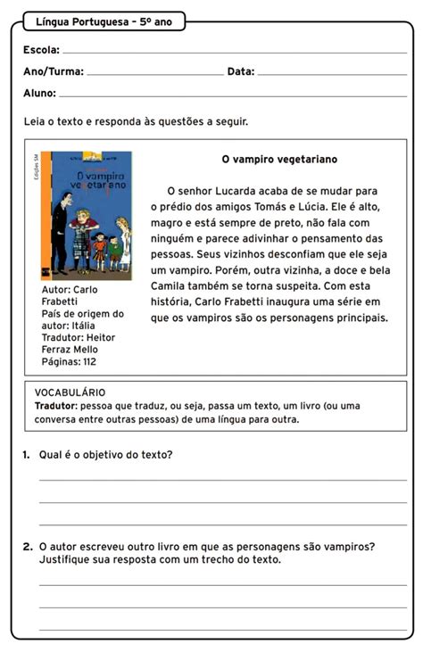 Atividades De Português 5 Ano Interpretação De Texto Com Respostas