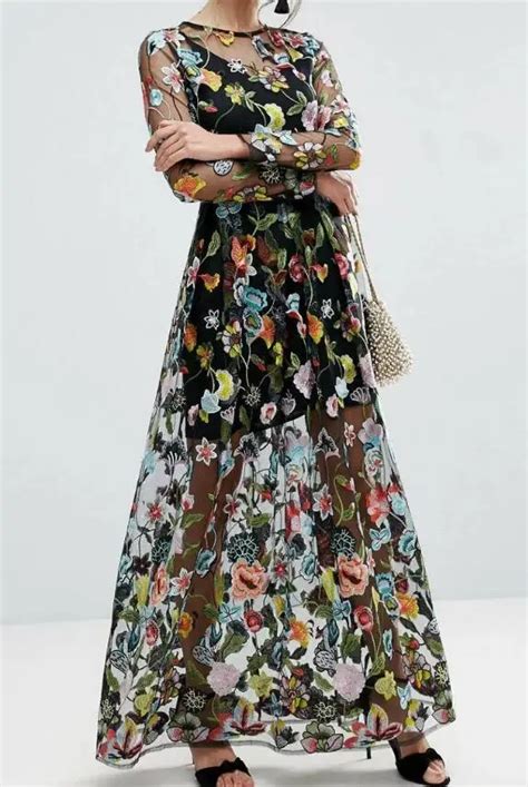 2017 New Woman Fashion Colorful Flowers Embroidery Maxi Tulle Dress