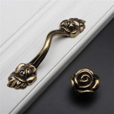 Retro Rose Flower Dresser Knobs Drawer Pulls Bronze Rustic Kitchen