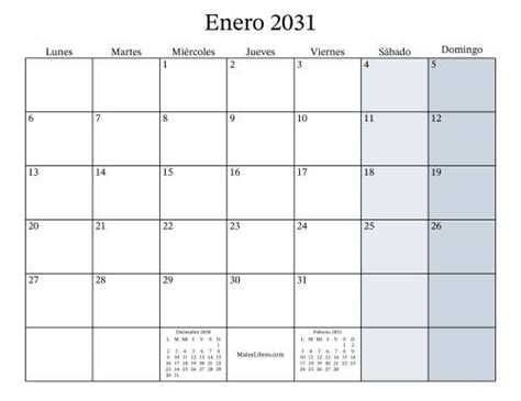 Calendario Mensual Rellenable Del Año 2031 Con El Lunes Como Primer Día