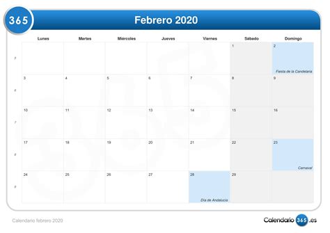 Calendario Febrero 2020