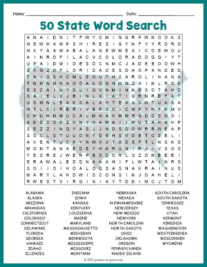 50 States Word Search Puzzle Word Find Word Search Puzzle 50 States