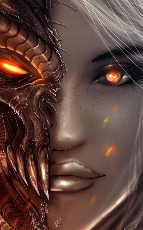 A Womans Face With Orange Eyes And Dragon Like Hair
