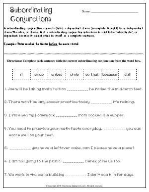 Worksheet Subordinating Conjunctions Complete Each Sentence With