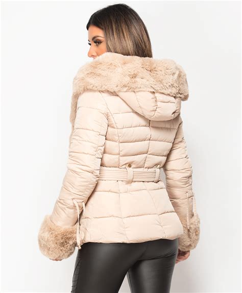 Womens Quilted Padded Bubble Fur Collar Hooded Thick Puffer Winter Coat