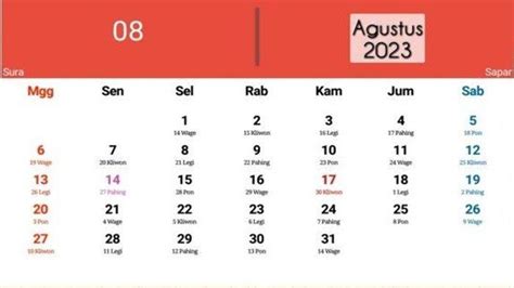 Kalender Jawa Bulan Agustus 2023 Lengkap Tanggal Suro Dan Sapar 1975