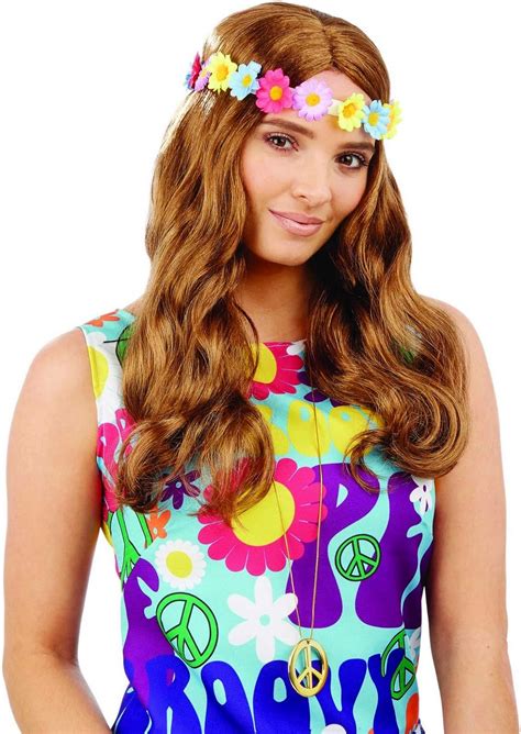 Fun Shack Womens Wavy Floral Hippie Wig Adults 70s Hippie Costume Accessory Clothing