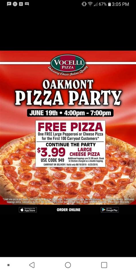 Free Pizza At Oakmont Vocelli On Wednesday And 399 Pizzas For A Week