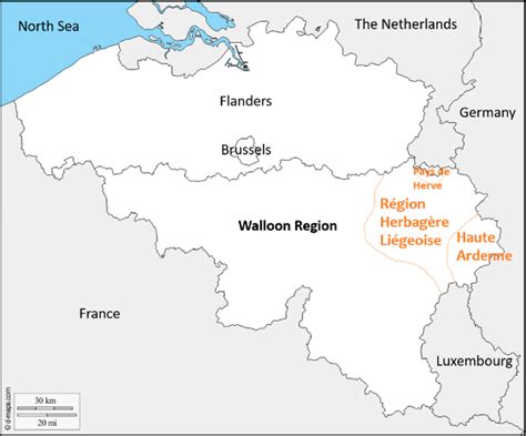To switch to virtual panorama street. Map presenting the location of the Walloon region in Belgium and the... | Download Scientific ...