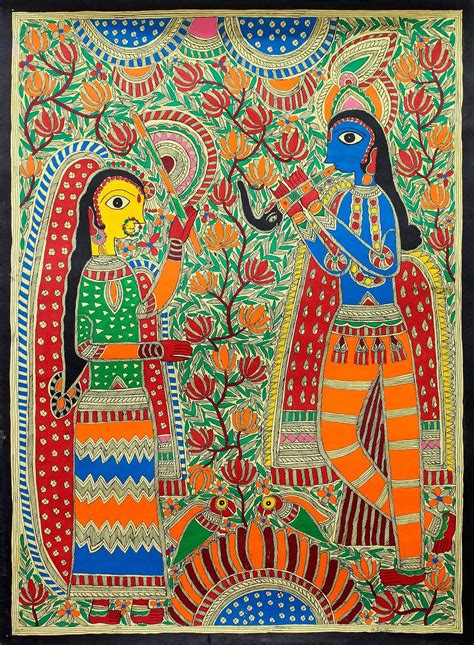 Madhubani Painting Devoted Radha And Krishna Madhubani Painting