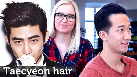 Smiling beautiful young asian hair stylist in gray suit standing in modern beauty salon and gesturing hand at asian boy receiving a haircut from a hair stylist. Asian Hair like Taecyeon ★ Professional hair styling video ...