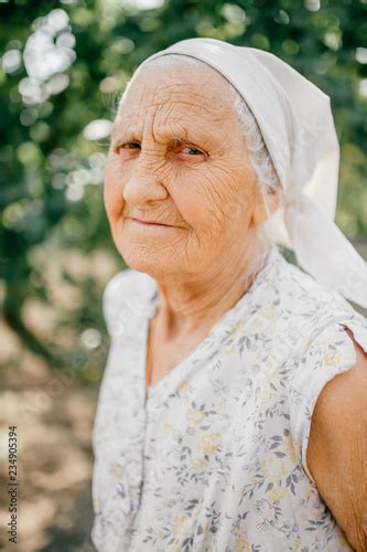 Elderly Happy Woman Outdoor Portrait Old Odd Lady With Wrinkled Skin