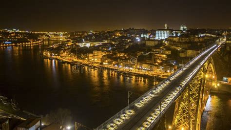 Top View Famous Dom Luis I Bridge And Douro River At Night Time In