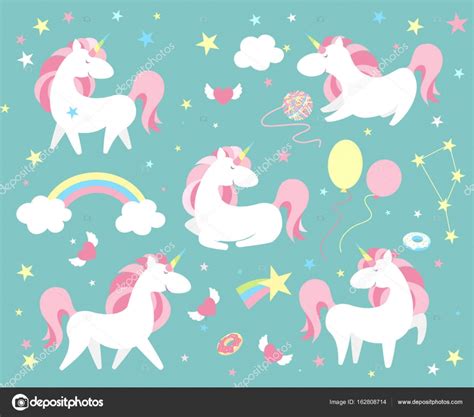 Unicorn Character Set Cute Magic Collection With Unicorn Rainbow