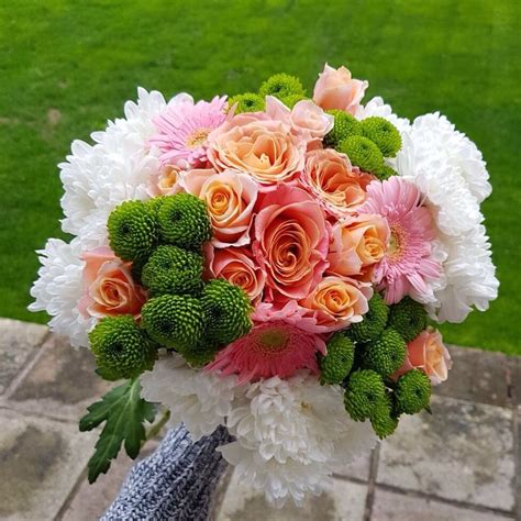 Maybe you would like to learn more about one of these? Pink roses bouquet flowers green white pink peach | Bridal ...