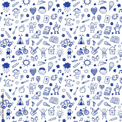 Seamless Pattern With Doodle Children Drawing Hand Drawn Funny