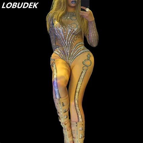 Sparkly Crystals 3d Printing Elastic Jumpsuit Skinny Female Singer Models Catwalk Show Costume