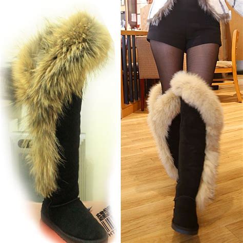 Fashion Big Faux Fox Fur Women Thigh Snow Knee High Boots Long Winter Warm Shoes Winter Boots