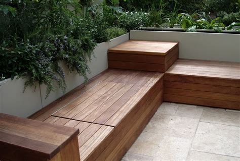 Built in storage for a wooden bench seating | Garden bench seating, Diy