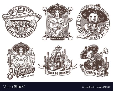 monochrome labels with mexican characters vector image