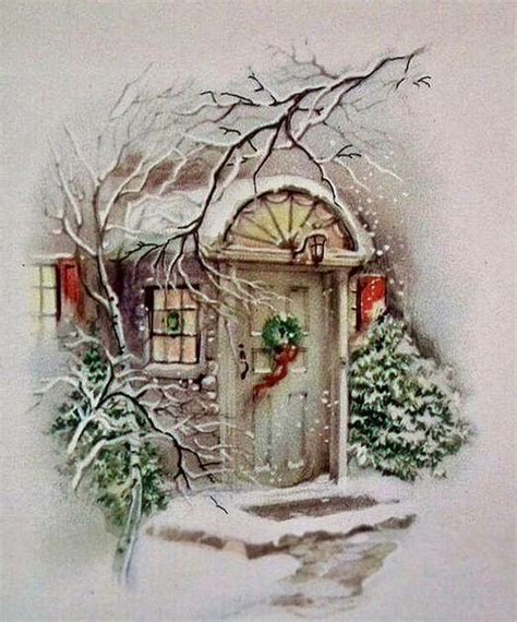 Vintage Christmas Snowy Doorway Scene Graphic Image Art Fabric Etsy