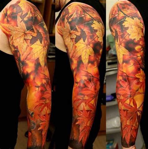 Beautiful Women With Maple Leaves Fall Tattoo On Arm Sleeve By Michele
