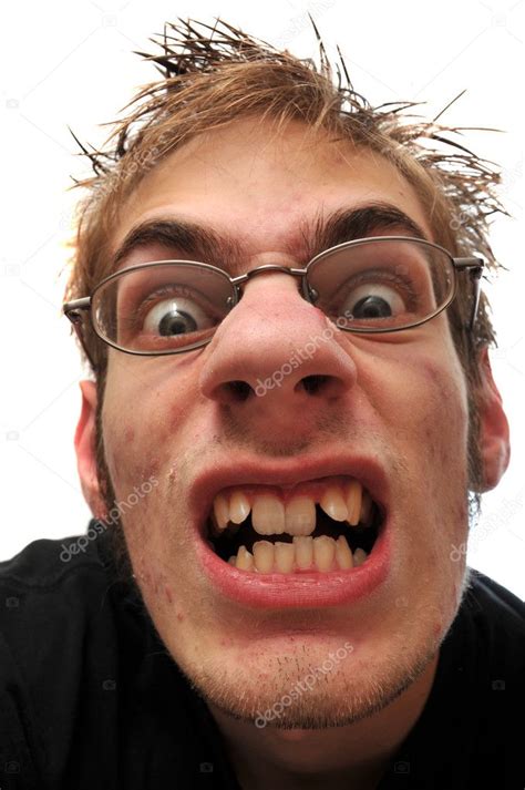 Angry Ugly Man With Crooked Teeth And Glasses — Stock Photo © Vlue 4626016