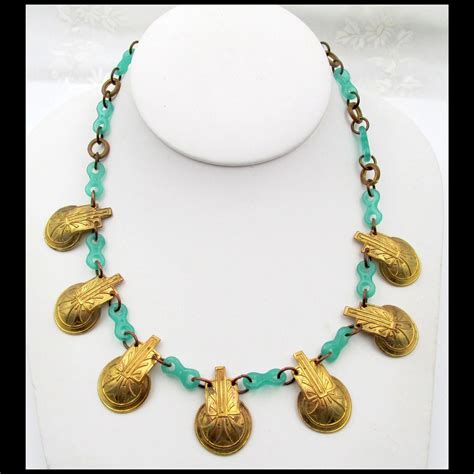 Authentic Art Deco Chrysoprase And Brass Necklace Chapel Hill Vintage