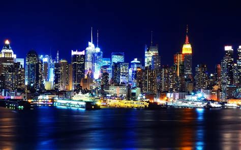 Beautiful New York City Night Manhattan Usa Skyscrapers Lights