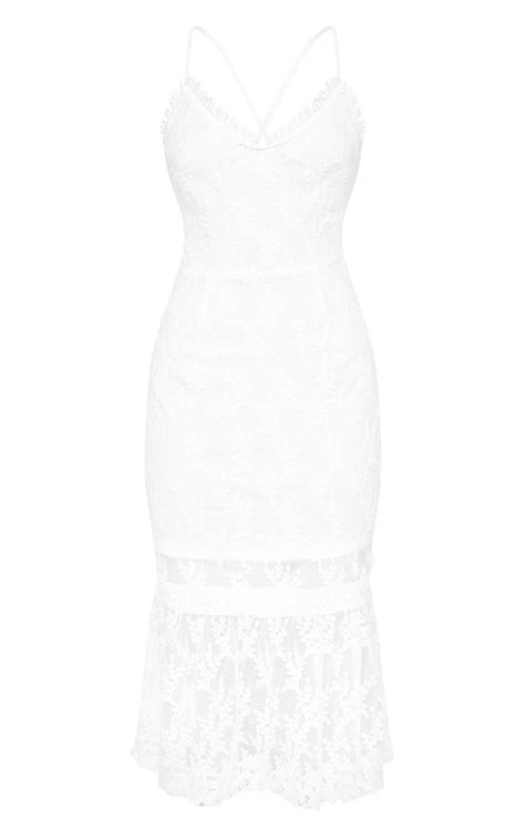 White Lace Cross Back Midi Dress Dresses Prettylittlething Usa