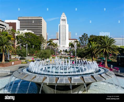 Los Angeles City Hall Viewed From Grand Park In Downtown