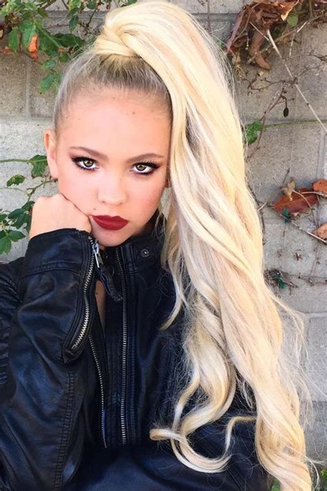 Hair tends to appear shorter when styled into a high ponytail. Jordyn Jones Wavy Platinum Blonde Extensions, High ...