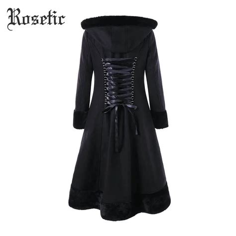 2021 Rosetic Gothic Coat Black Women Winter Hooded A Line Patchwork