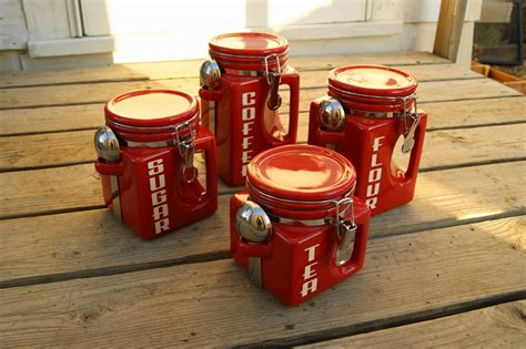 Ceramic Kitchen Canister Set Red Coffee Tea Sugar Flour Jars Etsy
