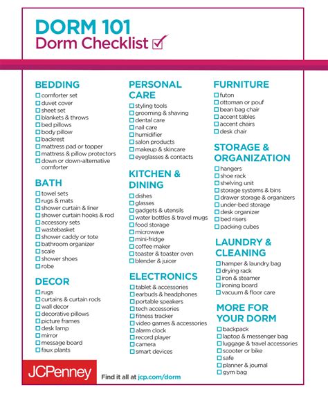 Printable College Freshman Dorm Checklist