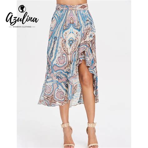 Azulina Paisley Print Ruffled High Low Midi Skirt 2018 Summer Women Skirts High Waist Skirts