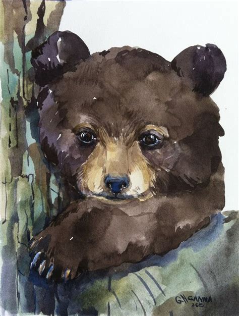 Baby Bear On The Tree Wildlife Animal Original Watercolor Painting