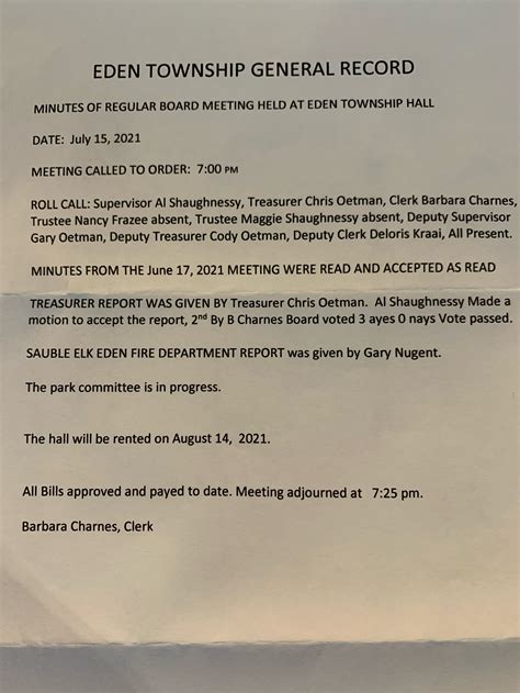 July 2021 Meeting Minutes — Eden Township