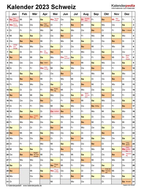 Kalender 2023 Schweiz In Excel Zum Ausdrucken