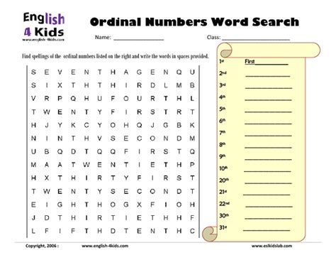 Ordinal Numbers Word Search Worksheet For 1st 2nd Grade Lesson Planet