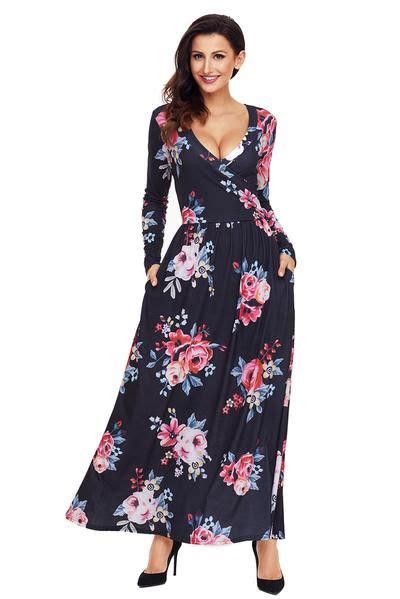 Black Floral Surplice Long Sleeve Maxi Boho Dress With Images Maxi
