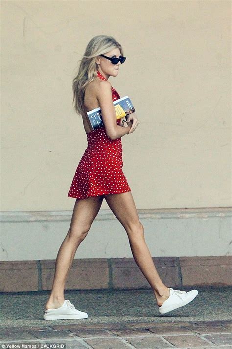 Charlotte Mckinney Shows Off Her Long Legs In Thigh Skimming Red Polka Dot Mini Dress In Malibu