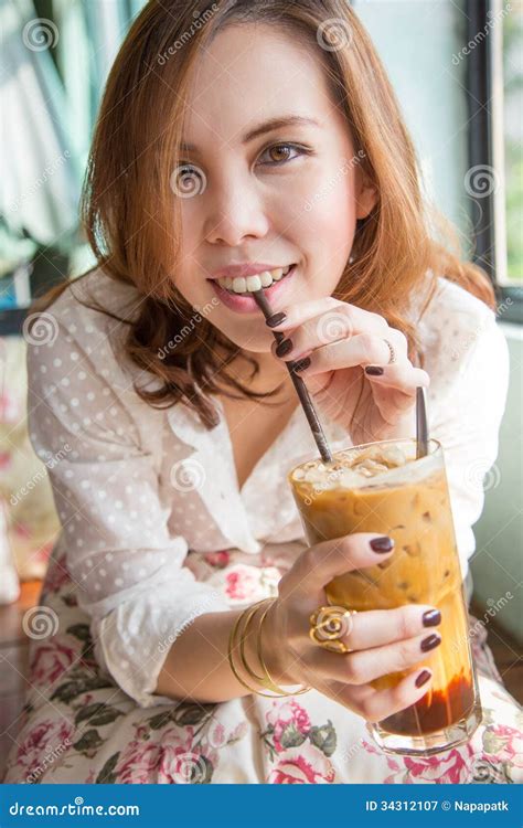 Woman Drinking Iced Coffee Royalty Free Stock Photography Image
