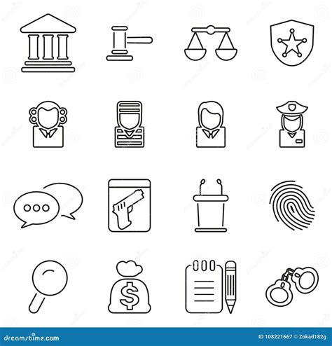 Courthouse Trial Or Court Of Justice Icons Thin Line Vector